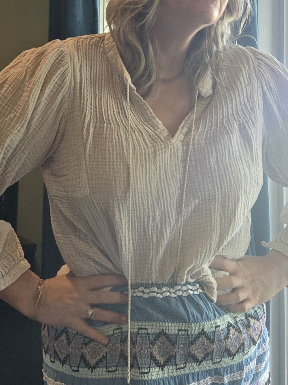 Women's Cream Textured Gauze Peasant Top - Lightweight Boho Blouse